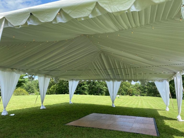 30X40 WHITE FRAME TENT WITH LINER + LEG DRAPES + SWAGGED EDISON LIGHTS ...